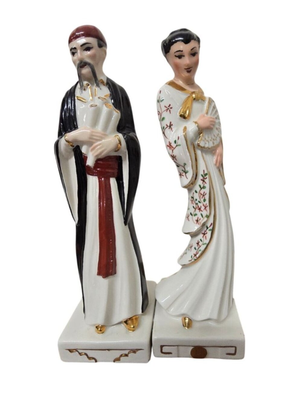 Vintage Pair of Hand-Painted Ceramic Figurines Gold Accents 9" Tall Home Decor